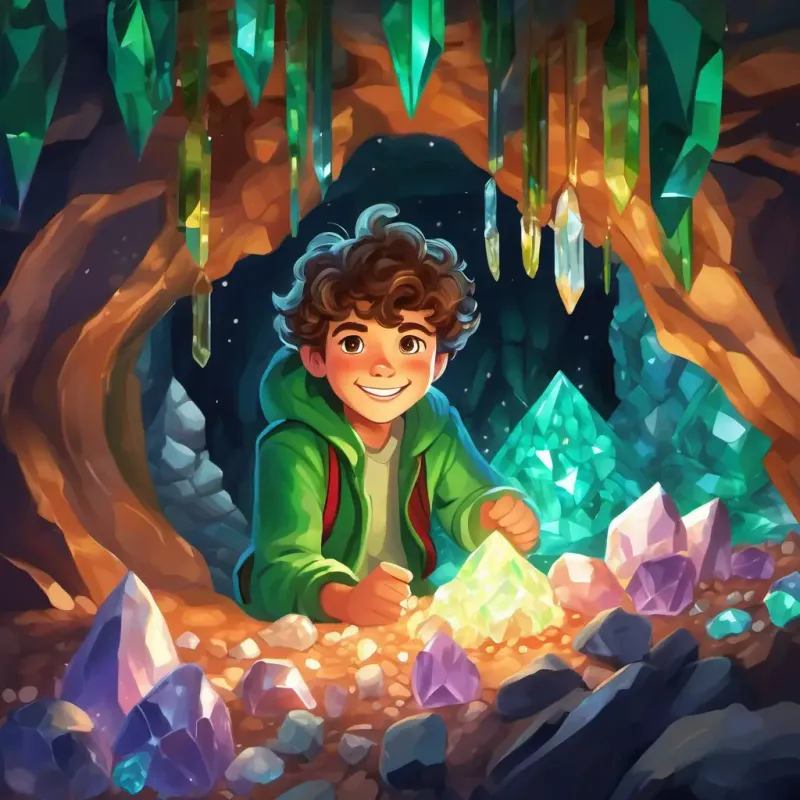 A young boy with curly brown hair, bright green eyes, and a big smile discovers a cave filled with beautiful crystals.