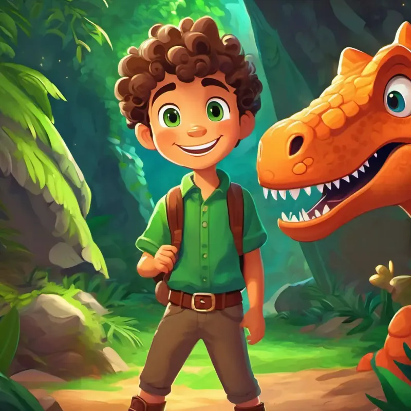 A young boy with curly brown hair, bright green eyes, and a big smile meets the friendly dinosaurs in the cave.