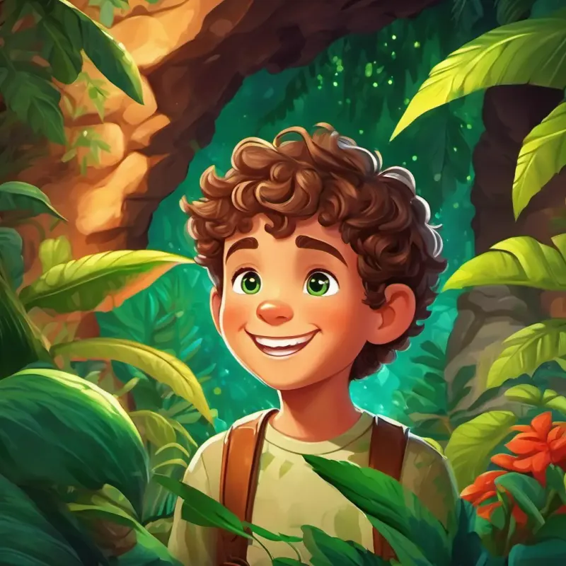 A young boy with curly brown hair, bright green eyes, and a big smile discovers the dinosaurs' secret garden inside the cave.