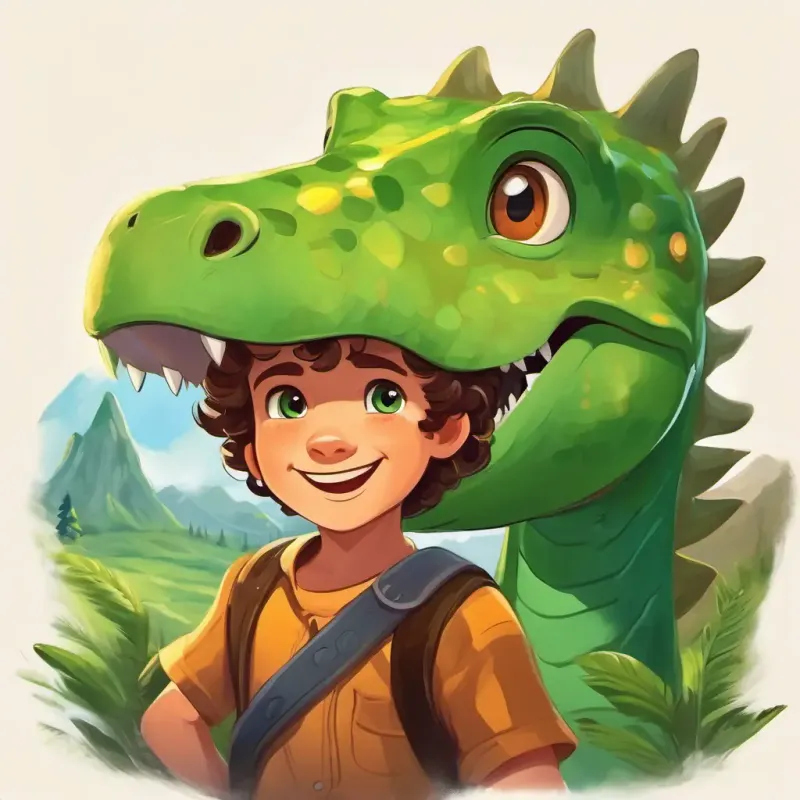 A young boy with curly brown hair, bright green eyes, and a big smile develops a deep friendship with the dinosaurs and explores the valley together.