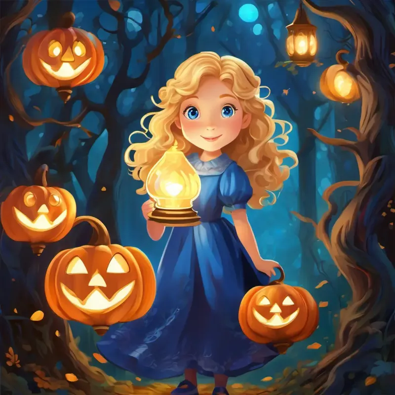 Curly blonde hair, blue eyes, wearing a blue dress finding the magical lamp in the enchanting forest
