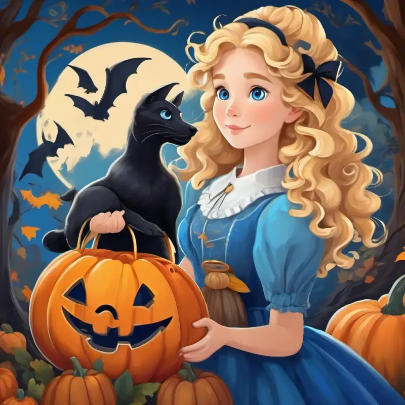 Curly blonde hair, blue eyes, wearing a blue dress and Peter transported to the magical realm with talking animals