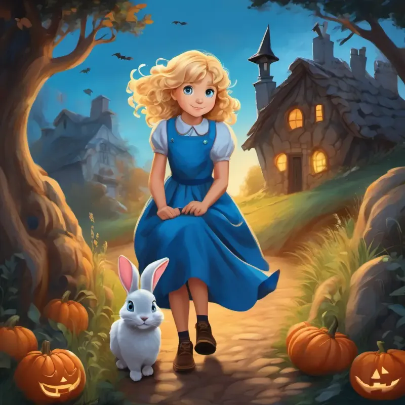 Curly blonde hair, blue eyes, wearing a blue dress, Peter, and the rabbit finding the burrow