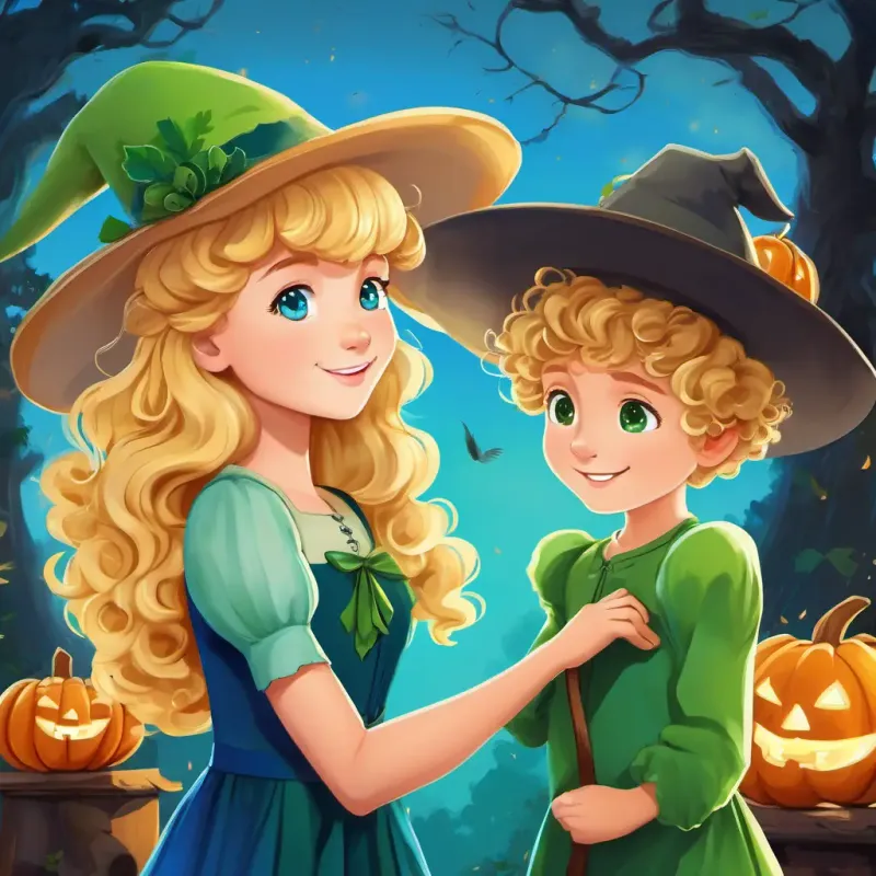 Curly blonde hair, blue eyes, wearing a blue dress, Peter, and Mischievous, fair-skinned, green eyes, wearing a green tunic and feathered hat becoming friends and forming a bond