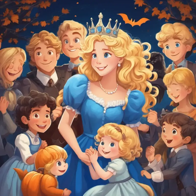 Curly blonde hair, blue eyes, wearing a blue dress, Peter, and their friends embracing the Queen, spreading happiness