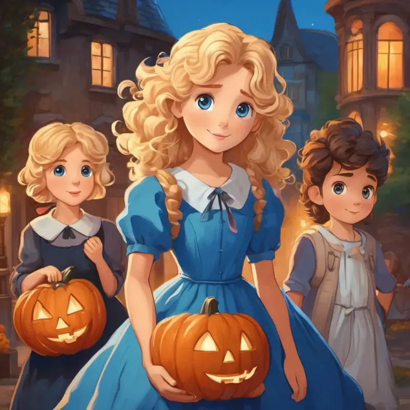 Curly blonde hair, blue eyes, wearing a blue dress, Peter, and their friends bidding farewell, carrying empathy