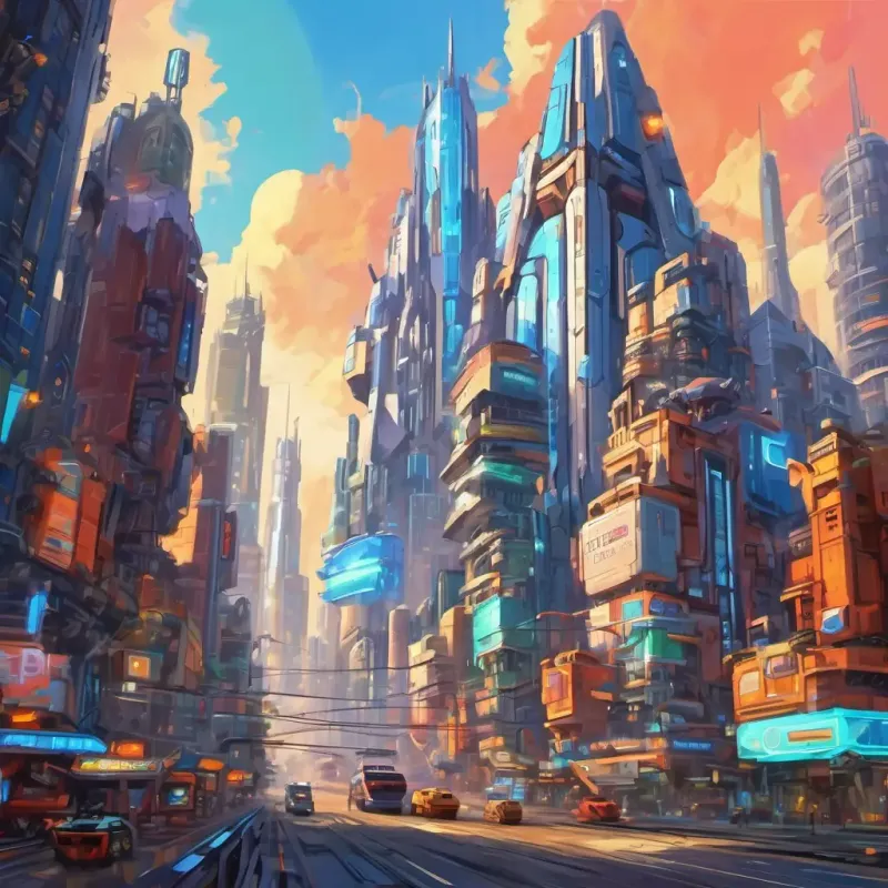Cybertron city with towering buildings, Autobots and Decepticons battling