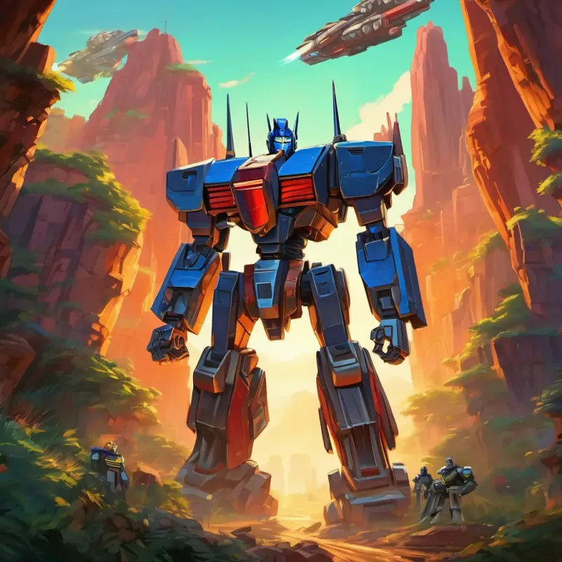 Earth's landscape with Autobots and Decepticons searching for the Allspark