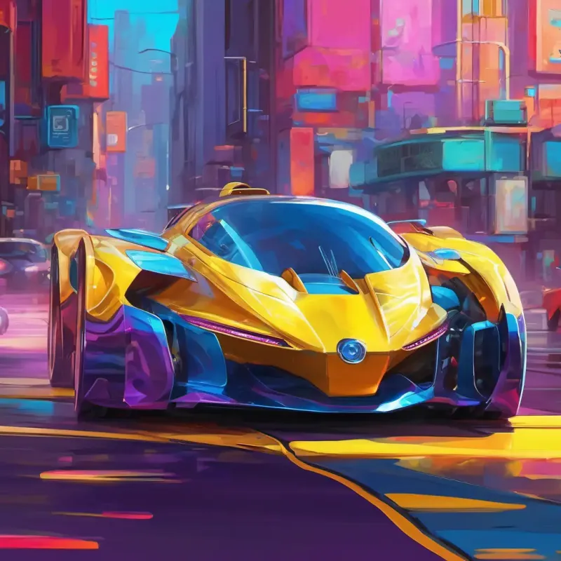 Tall and strong robot, blue and red colors, shining blue eyes, Small and speedy yellow sports car, vibrant yellow color, bright blue eyes, and Sleek black car, cool silver rims, stylish and bold, purple eyes in their vehicle forms, undercover on Earth