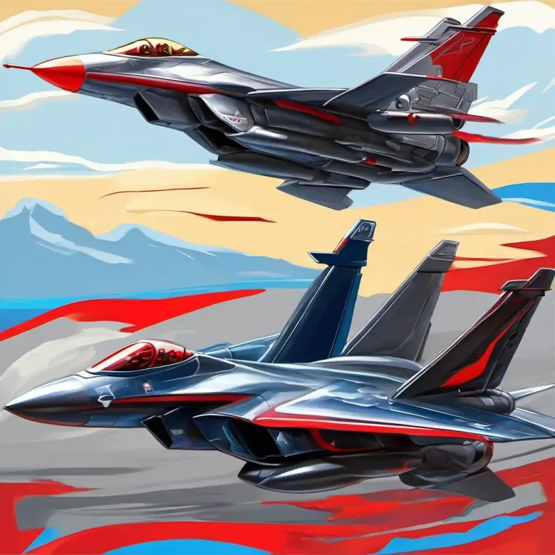 Giant fierce fighter jet, metallic gray with red accents, piercing red eyes and Slick and agile fighter jet, shiny silver with dark blue highlights, glowing red eyes in their aircraft forms, ready for mischief