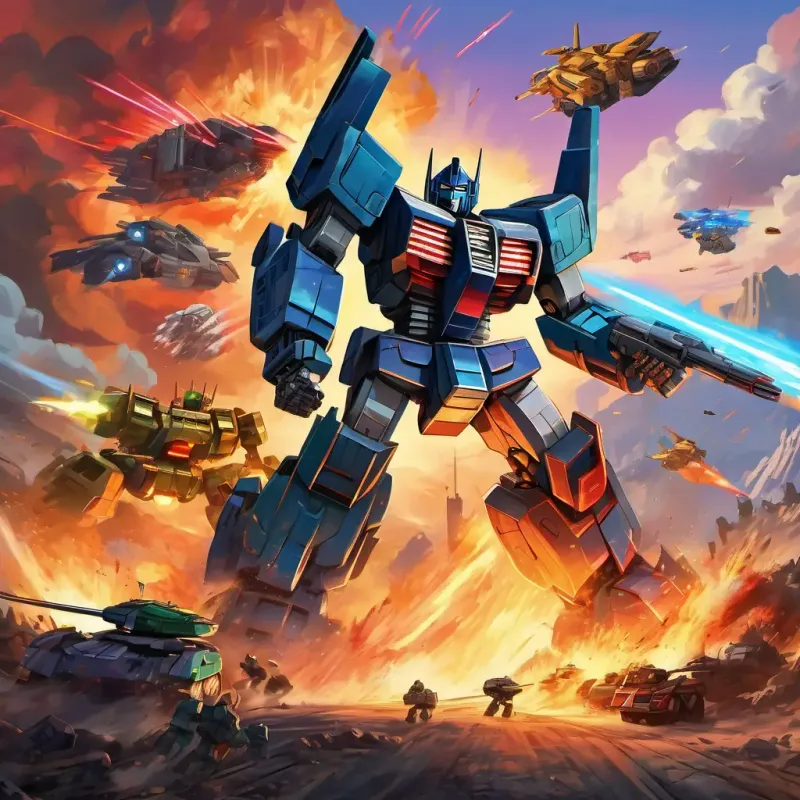 Intense battle scenes with Autobots and Decepticons, lasers and explosions lighting up the sky
