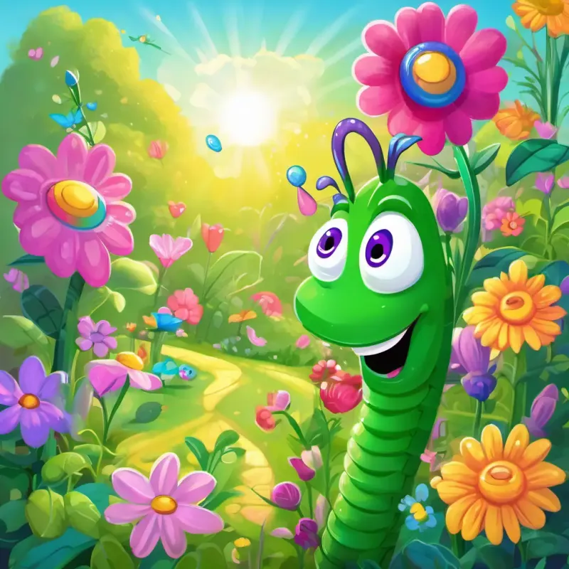 An illustration of a bright, sunny garden with colorful flowers, and two happy, wiggling worms named Cheerful green worm, with bright blue eyes, and a big smile and Happy pink worm, with twinkling purple eyes, and a joyful expression.