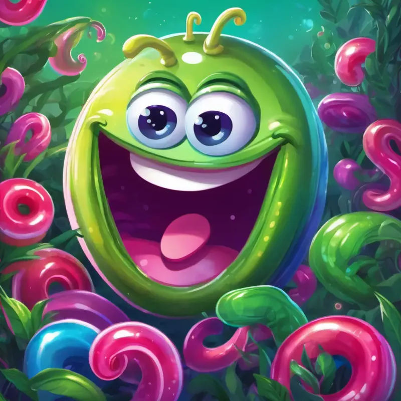 An illustration of Cheerful green worm, with bright blue eyes, and a big smile and Happy pink worm, with twinkling purple eyes, and a joyful expression squirming and laughing under a giant wobbly, jiggly, and jolly red jello.