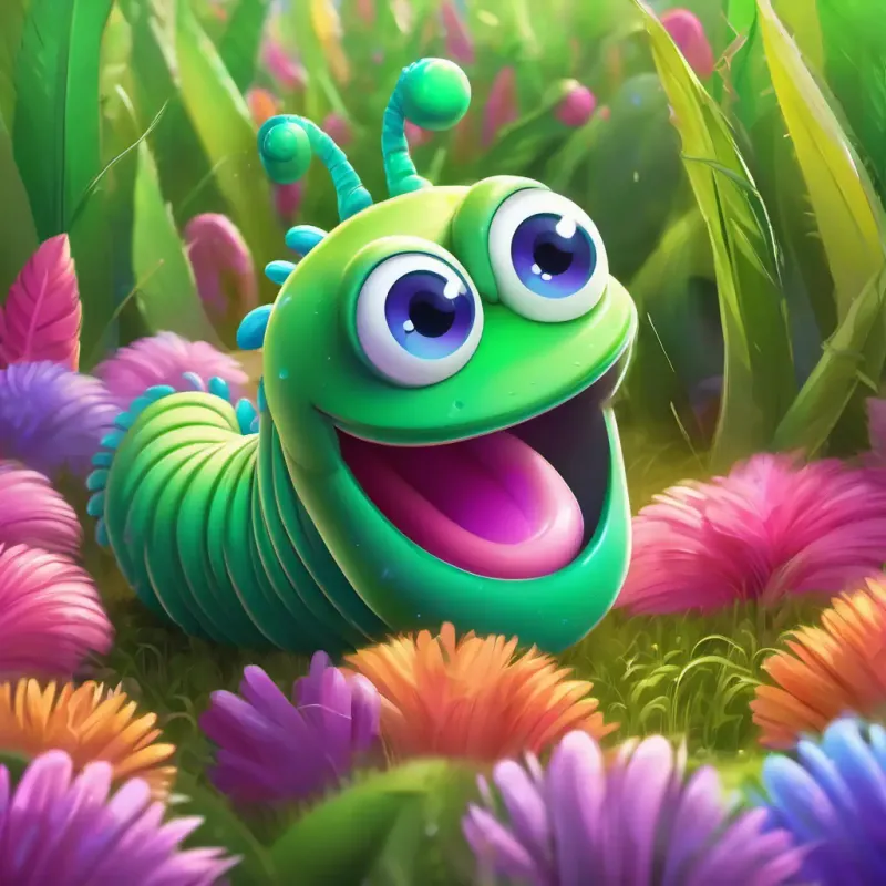 An illustration of Cheerful green worm, with bright blue eyes, and a big smile and Happy pink worm, with twinkling purple eyes, and a joyful expression playing in a field covered with soft, floating feathers of different colors.
