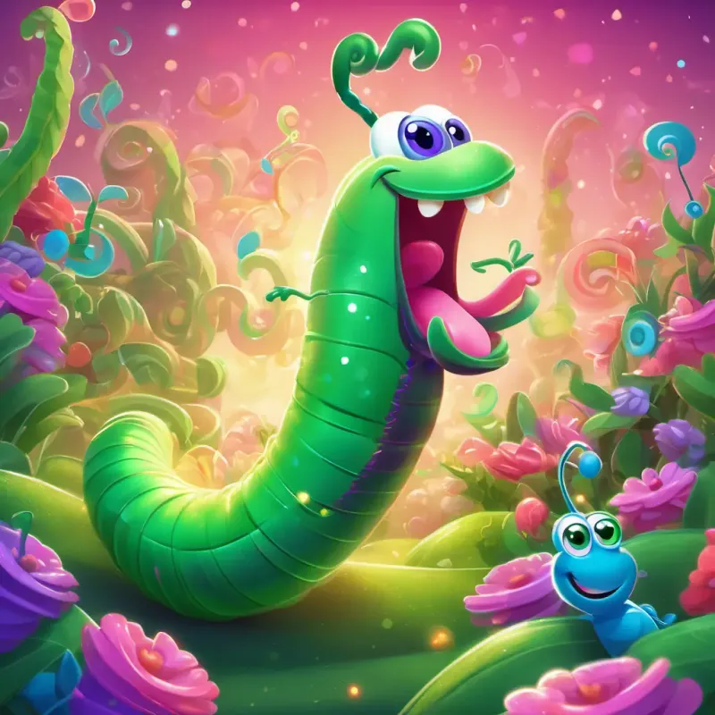 An illustration of Cheerful green worm, with bright blue eyes, and a big smile and Happy pink worm, with twinkling purple eyes, and a joyful expression happily dancing to the catchy music played by a lively brass band.
