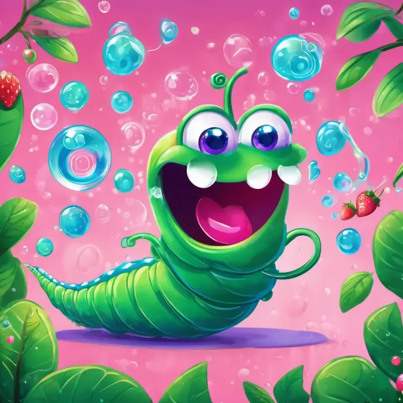 An illustration of Cheerful green worm, with bright blue eyes, and a big smile and Happy pink worm, with twinkling purple eyes, and a joyful expression sipping on fizzy, pink, and bubbly strawberry soda, with bubbles floating around them.