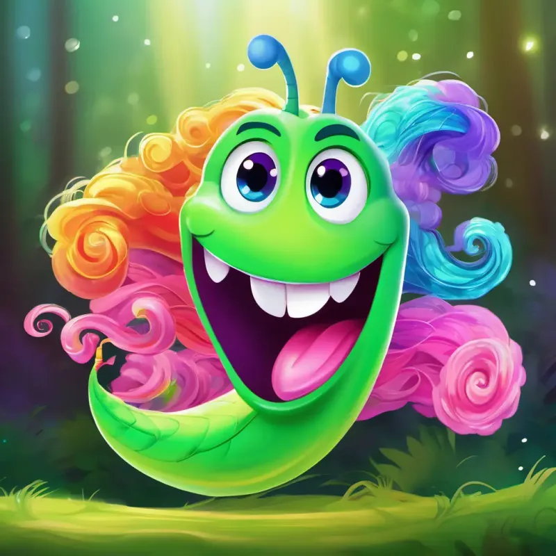 An illustration of Cheerful green worm, with bright blue eyes, and a big smile and Happy pink worm, with twinkling purple eyes, and a joyful expression wearing colorful, curly wigs as they soar through the air with the wind blowing around them.