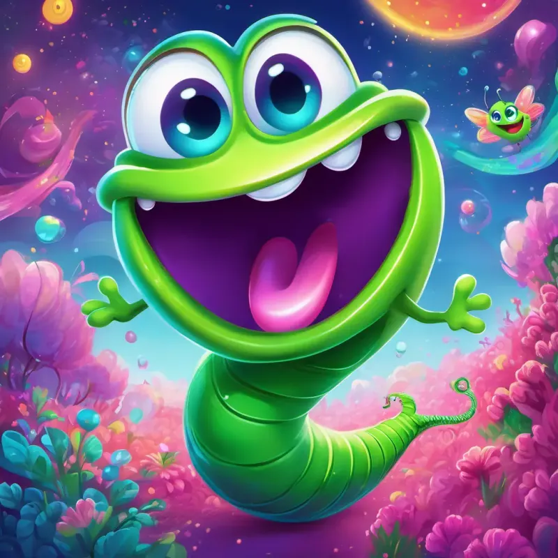 An illustration of Cheerful green worm, with bright blue eyes, and a big smile and Happy pink worm, with twinkling purple eyes, and a joyful expression surrounded by a magical, colorful world filled with laughter, excitement, and fun adventures.