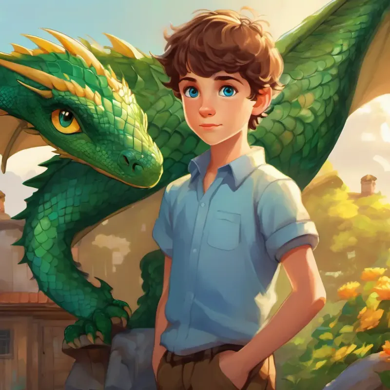Introducing A young boy with bright blue eyes and short brown hair and A small green dragon with shiny scales and gentle golden eyes, morning in A young boy with bright blue eyes and short brown hair's backyard.
