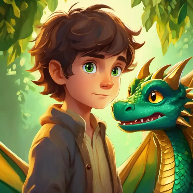 A small green dragon with shiny scales and gentle golden eyes is sick, and A young boy with bright blue eyes and short brown hair is concerned.