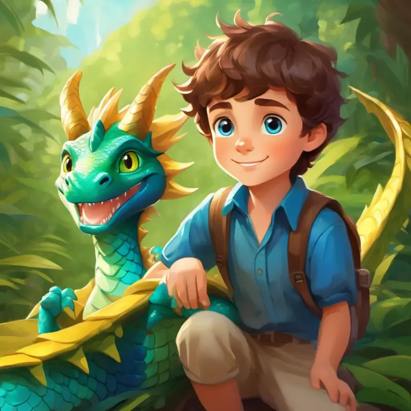 A young boy with bright blue eyes and short brown hair and A small green dragon with shiny scales and gentle golden eyes, close friends, ready for future adventures.