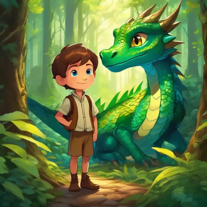 A young boy with bright blue eyes and short brown hair and A small green dragon with shiny scales and gentle golden eyes searching for a cure in the forest.