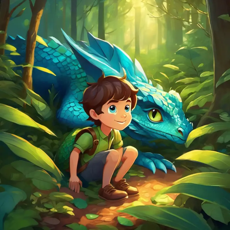 A young boy with bright blue eyes and short brown hair and A small green dragon with shiny scales and gentle golden eyes on a quest, searching the forest floor.