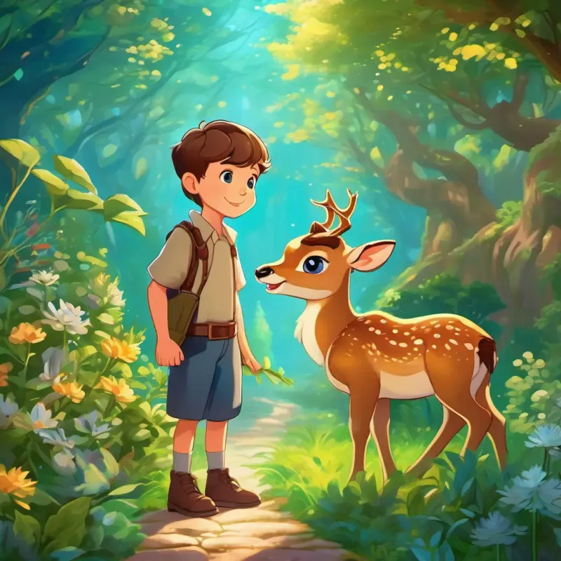 A deer showing A young boy with bright blue eyes and short brown hair and A small green dragon with shiny scales and gentle golden eyes a special herb garden.