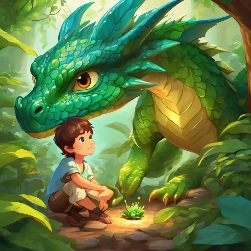 A young boy with bright blue eyes and short brown hair finds the Healing Herb and hopes to cure A small green dragon with shiny scales and gentle golden eyes.