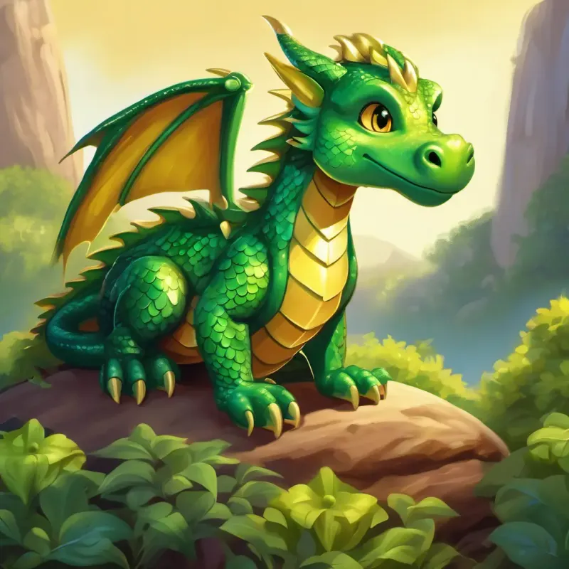 A small green dragon with shiny scales and gentle golden eyes recovers after a rest, showing signs of improvement.
