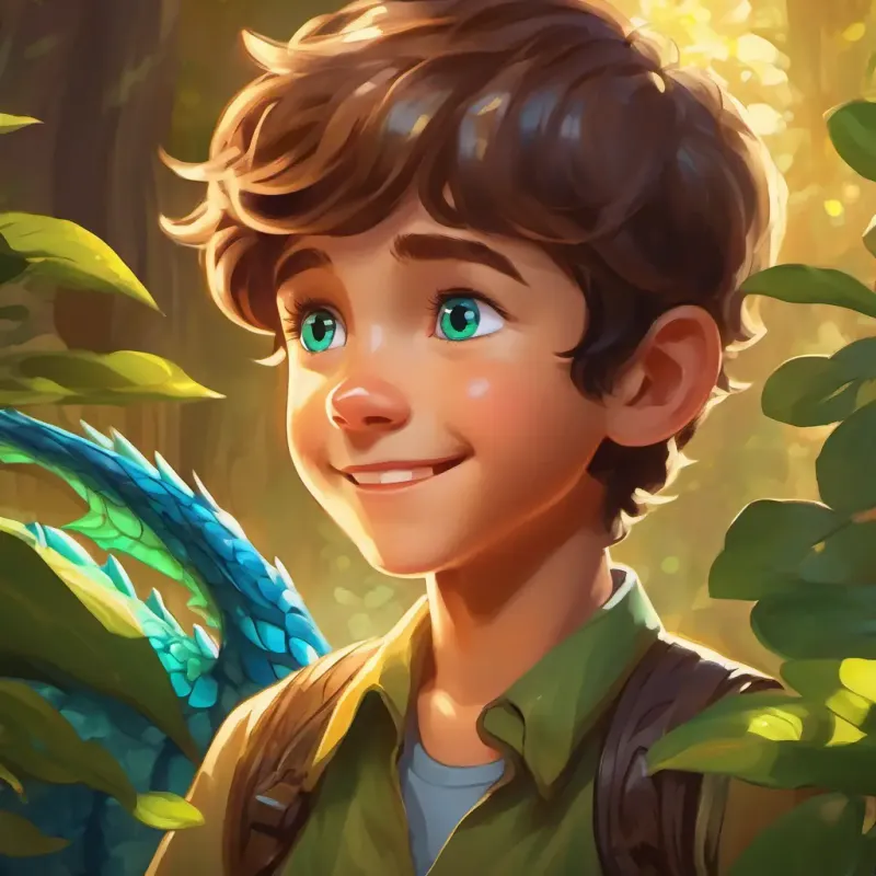 A young boy with bright blue eyes and short brown hair is relieved and joyful at A small green dragon with shiny scales and gentle golden eyes's recovery.