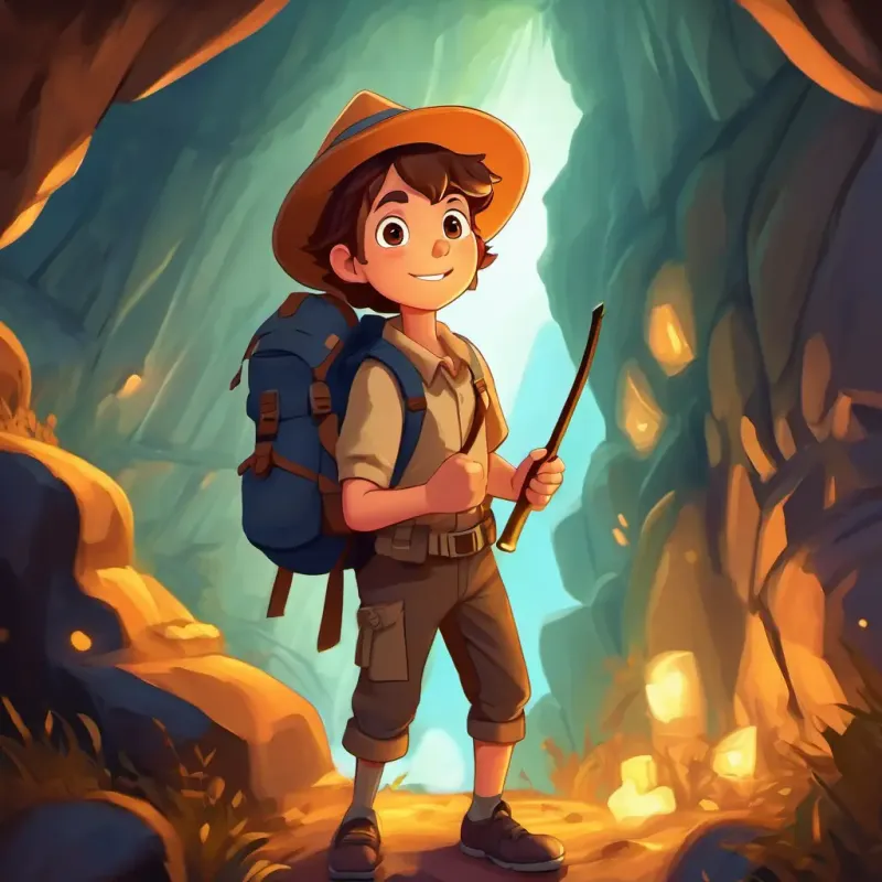 The page shows Brave adventurer with brown hair, wearing a hat and a backpack standing at the entrance of the cave, holding a flashlight and looking excited.