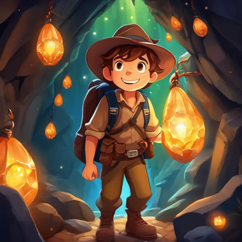 The page depicts Brave adventurer with brown hair, wearing a hat and a backpack walking inside the dark cave, holding his flashlight up high. The walls are filled with sparkling crystals, creating a beautiful and enchanting scene.