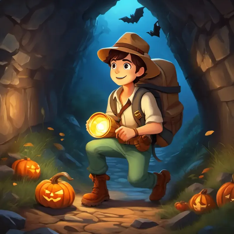 The page shows Brave adventurer with brown hair, wearing a hat and a backpack crawling through a narrow tunnel, his flashlight shining on the ground. In front of him, there's a chest overflowing with treasures, surrounded by damp walls and mysterious sounds.