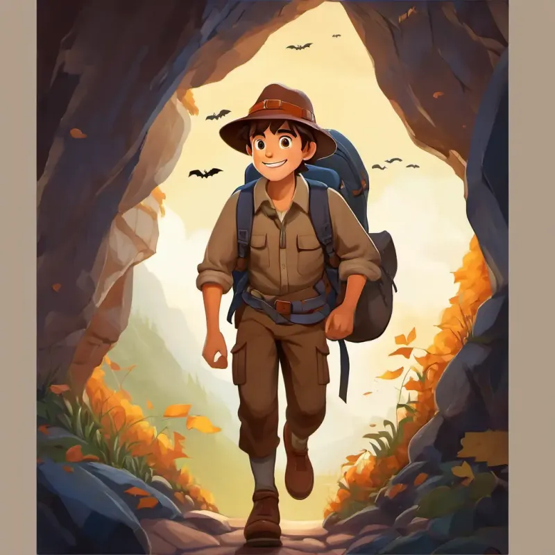 The page displays Brave adventurer with brown hair, wearing a hat and a backpack with a big smile on his face, his backpack filled with treasure. He is walking towards the exit of the cave, which is becoming visible now.