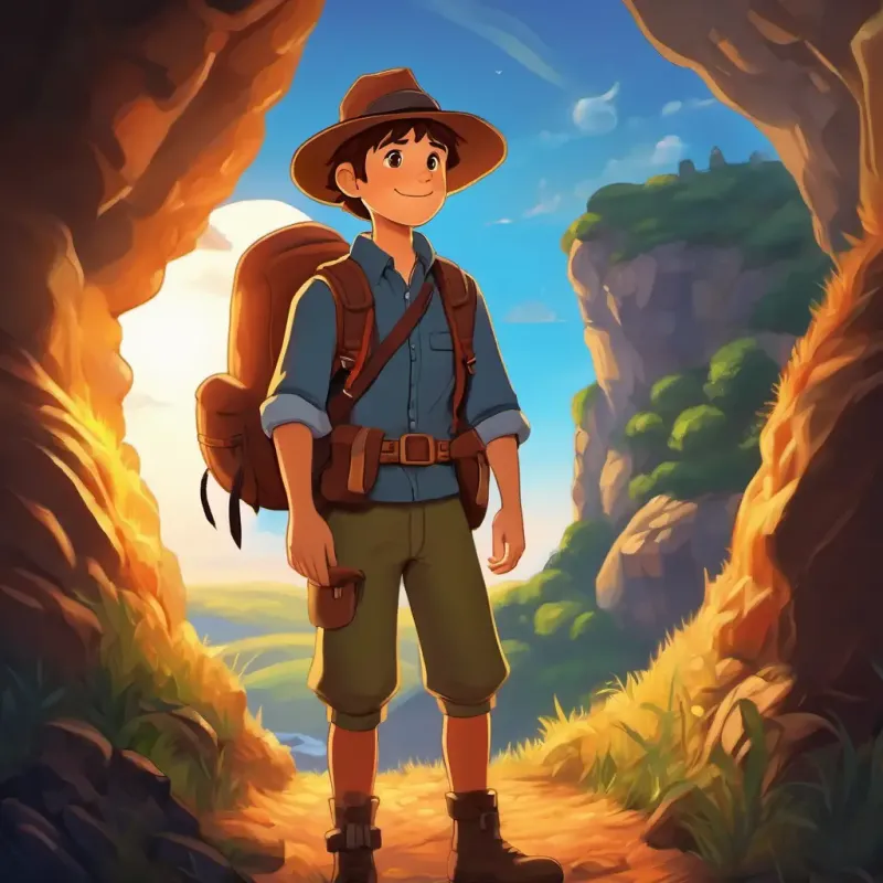 The last page shows Brave adventurer with brown hair, wearing a hat and a backpack standing outside the cave, basking in the sunlight. He feels proud of his achievement, ready to share his tales with the world.