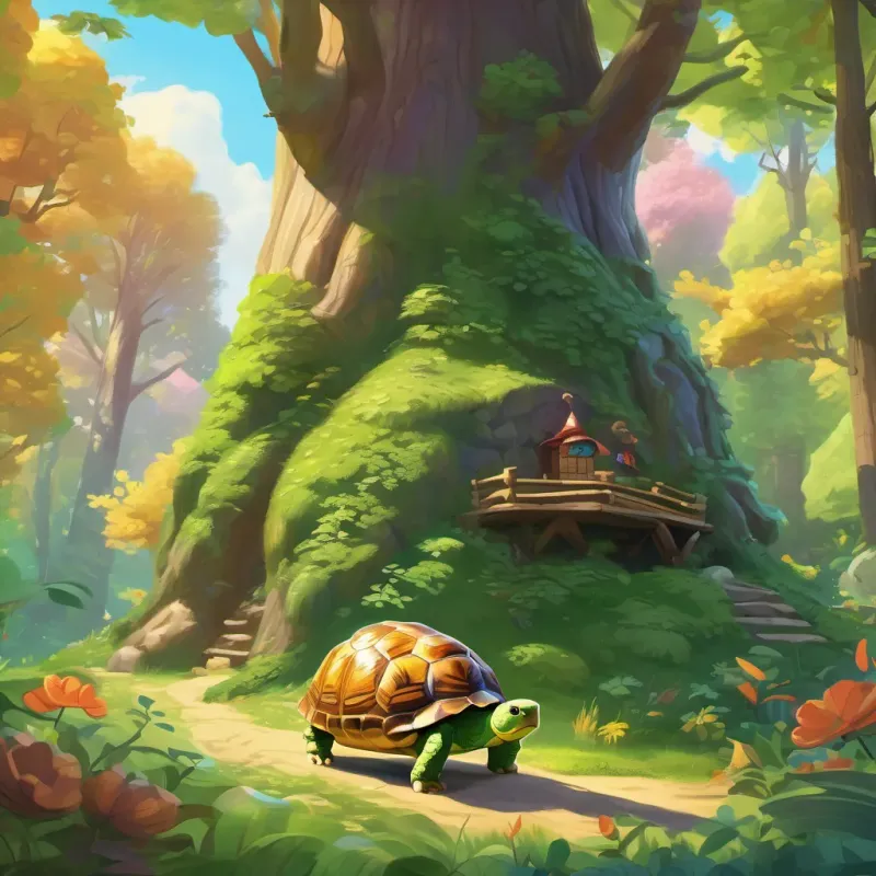 illustration of Woodland Hollow with colorful trees, sunny skies, and Timmy Tortoise with a shiny, green shell in a woodland setting showing off his shiny, green shell