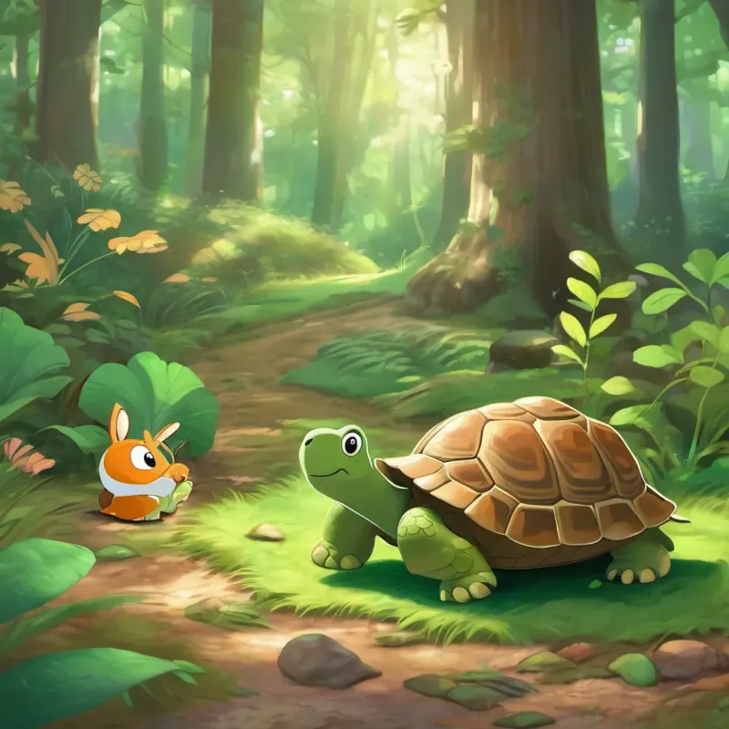 Timmy Tortoise with a shiny, green shell in a woodland setting proudly telling other woodland creatures about his grandfather’s race with a rabbit