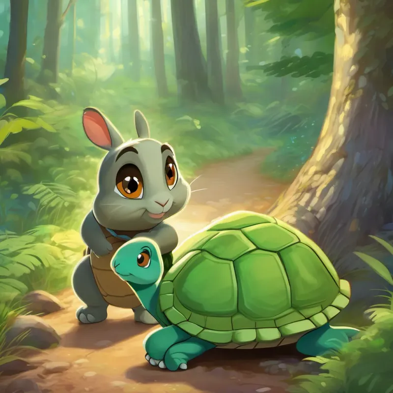 Timmy Tortoise with a shiny, green shell in a woodland setting comforting Riley Rabbit, a sprightly and energetic bunny with a twitching nose and admitting his newfound lesson