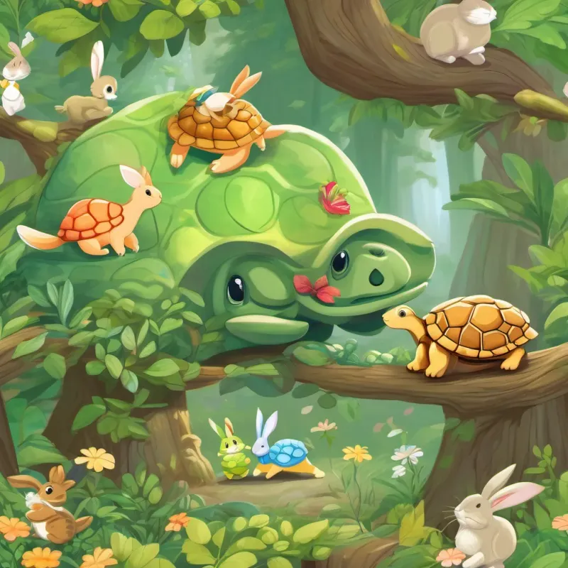 Timmy Tortoise with a shiny, green shell in a woodland setting and Riley Rabbit, a sprightly and energetic bunny with a twitching nose with happy smiles, surrounded by cheering woodland creatures