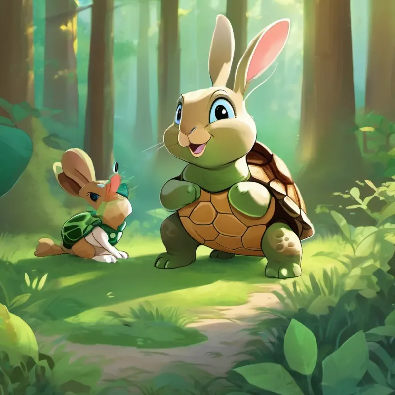 Timmy Tortoise with a shiny, green shell in a woodland setting meeting Riley Rabbit, a sprightly and energetic bunny with a twitching nose, a young and energetic bunny with a twitching nose