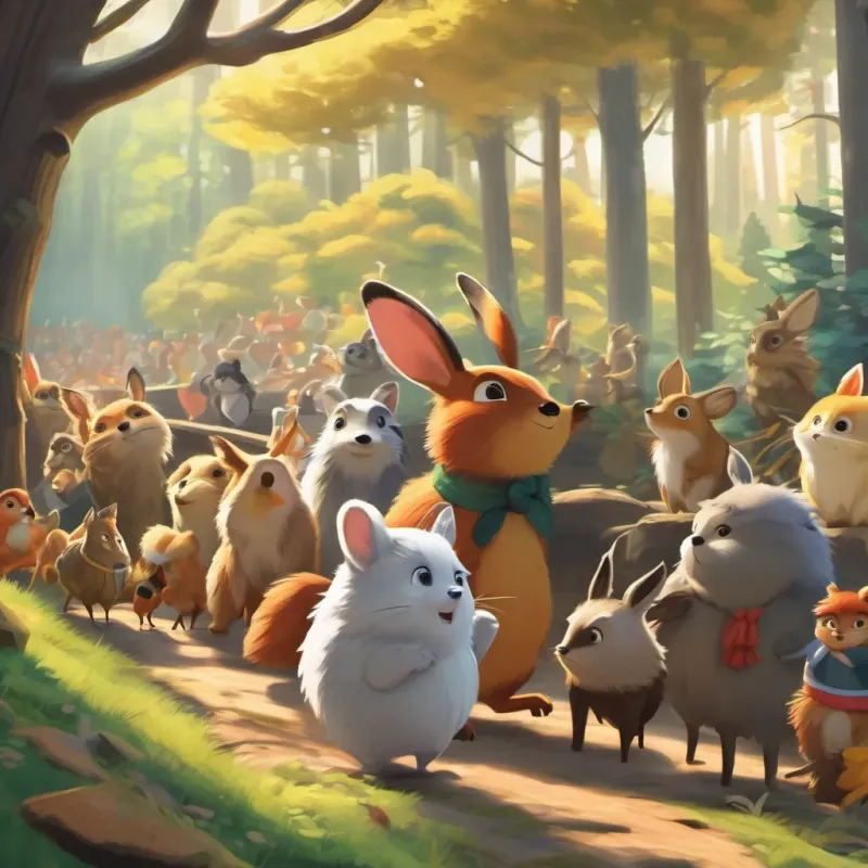 woodland creatures gathering to watch the race with Timmy and Riley at the starting line