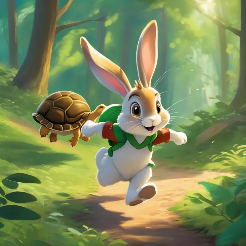 Riley Rabbit, a sprightly and energetic bunny with a twitching nose speeding off while Timmy Tortoise with a shiny, green shell in a woodland setting starts the race slowly and steadily
