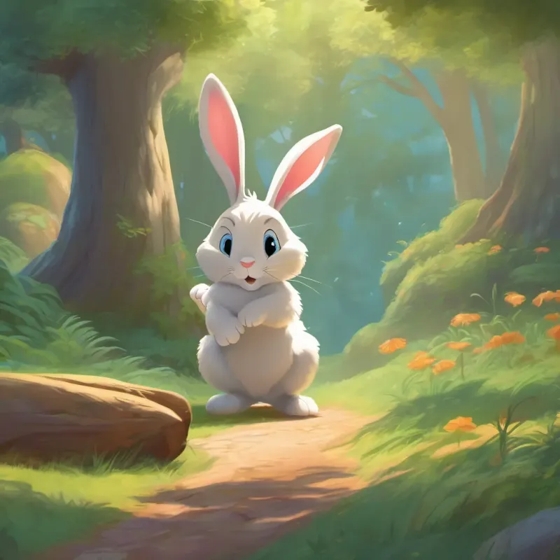 Riley Rabbit, a sprightly and energetic bunny with a twitching nose falling asleep under a tree while Timmy steadily moves forward