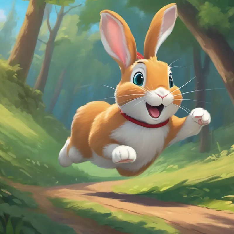 Riley Rabbit, a sprightly and energetic bunny with a twitching nose waking up and rushing towards the finish line where Timmy is about to cross