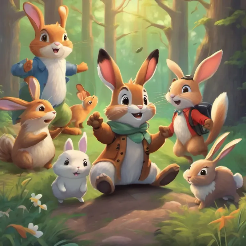 woodland creatures cheering for Timmy while Riley Rabbit, a sprightly and energetic bunny with a twitching nose looks disappointed