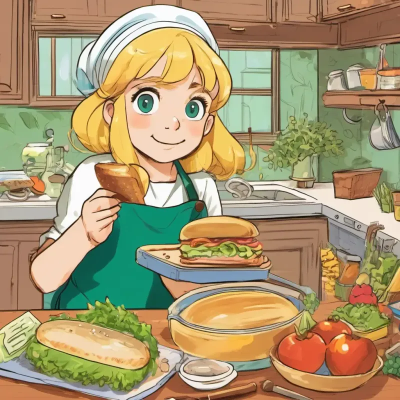 Kitchen, Blonde hair, blue eyes, inquisitive, Brown hair, green eyes, methodical, gathering ingredients for a sandwich.