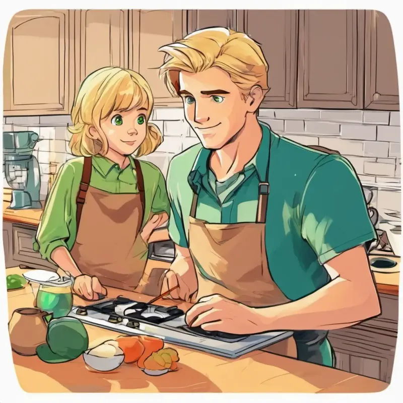 Kitchen, Blonde hair, blue eyes, inquisitive, Brown hair, green eyes, methodical, the dad is a software engineer.