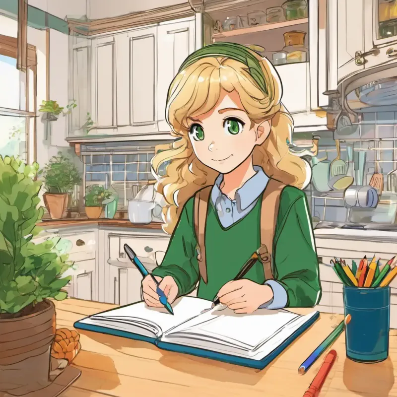 Kitchen, Blonde hair, blue eyes, inquisitive, Brown hair, green eyes, methodical, modifying the algorithm and taking notes.