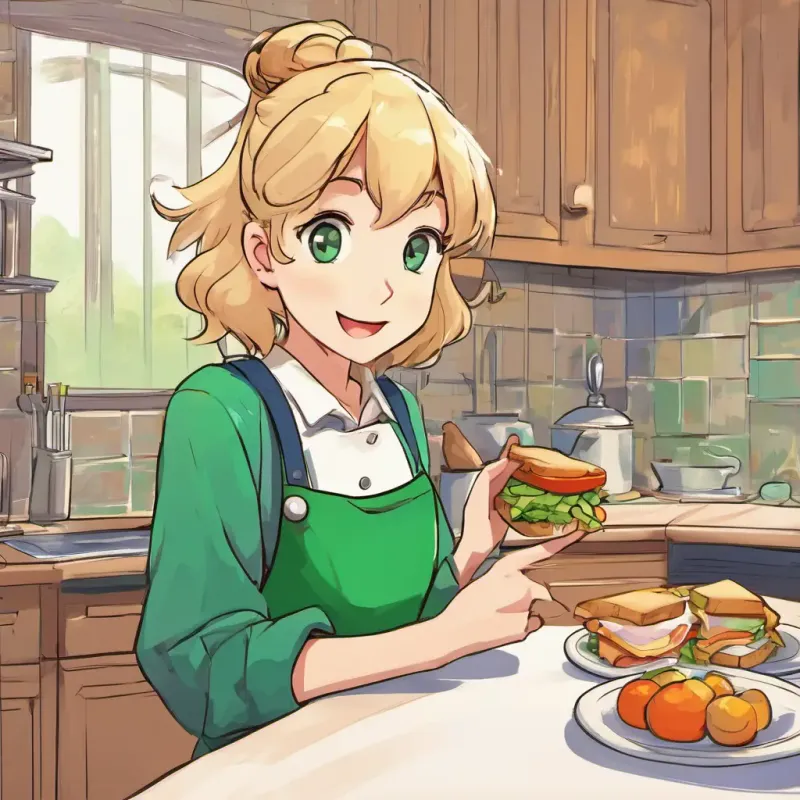 Kitchen, Blonde hair, blue eyes, inquisitive, Brown hair, green eyes, methodical, following the modified algorithm to make a perfect sandwich.